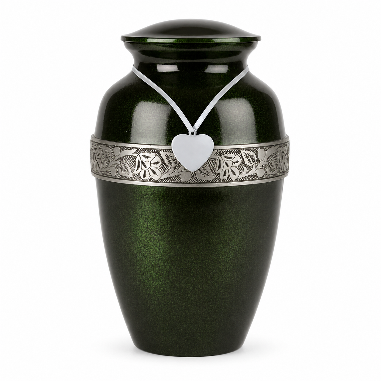Emerald adult cremation urn with silver floral band